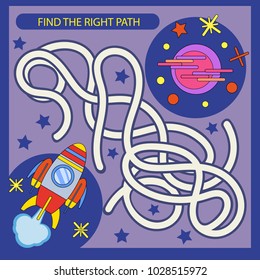 Find the right path from rocket to planet. Children funny riddle entertainment and amusement. Kid’s art game and activities jigsaw. Vector illustration.