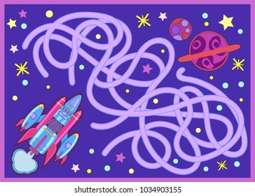 Find the right path from rocket to spaces planet. Children funny riddle entertainment and amusement. Kid’s art game and activities. Vector illustration.