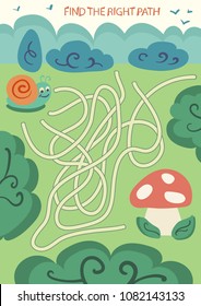 Find the right path from snail to mushroom. Children funny maze. Cartoon riddle entertainment and amusement. Kid’s art game and activity worksheets. Vector illustration.