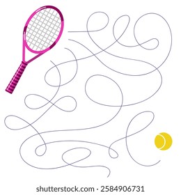 Find the right path from the tennis racket to the ball. Maze game. Sport vector illustration on a white background for children's entertainment, activity book, worksheet.