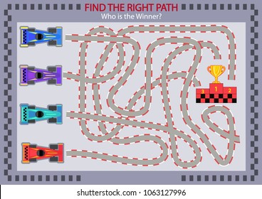 Find the right path for winner with racing cars. Children maze. Funny cartoon riddle entertainment and amusement. Kid’s art game and activities jigsaw. Vector illustration.