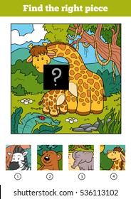 Find the right piece, jigsaw puzzle game for children. Two giraffe and background