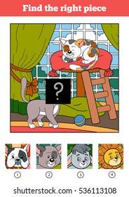 Find the right piece, jigsaw puzzle game for children. Two cats and background