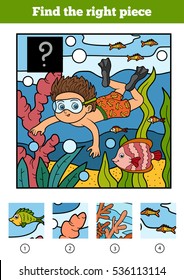 Find the right piece, jigsaw puzzle game for children. A boy swims in the sea