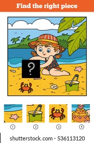 Find the right piece, jigsaw puzzle game for children. Little girl on the beach