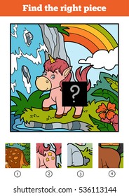 Find the right piece, jigsaw puzzle game for children. Little unicorn and fairy background