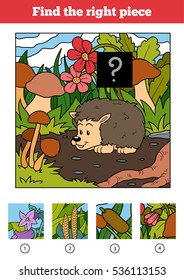 Find the right piece, jigsaw puzzle game for children. Hedgehog and background