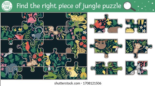 Find the right piece of jungle puzzle. Vector summer cut and glue or sticker activity for children. Tropical educational crafting game with cute animal characters. 
