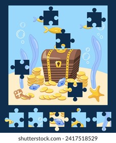 Find the right piece of puzzle. Closed treasure chest, golden coins with gems and old key at the bottom of the sea. Vector illustration. Cut and glue activity. 