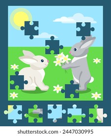 Encuentra la pieza correcta de puzzle. Paisaje de primavera. Un conejo gris le da flores a un conejo blanco. Ilustración vectorial. Actividad de corte y pegado. 