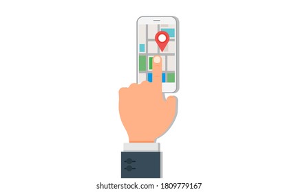 Find the right place using the phone GPS navigation concept vector flat illustration banner
