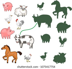 Find the right shade. Educational children matching game with farm animals for children of preschool age