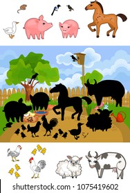Find the right shade. Educational children matching game with farm animals for children of preschool age