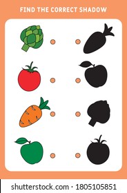 Encuentra el juego educativo a la sombra adecuado para los niños, un conjunto de verduras y frutas. Juego educativo para niños. Mini juego para niños. Busque la silueta correcta para imprimir en la hoja.