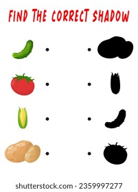 Finden Sie den richtigen Schatten. Lernspiel mit Gemüse. Ein Arbeitsblatt für Kinder. Vorschulbildung.