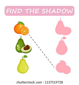 Find the right shade of fruit. Avocado, pear and orange. Set to find the correct shadow matching educational game of the child to compare and connect objects and their true shadows, a simple level of