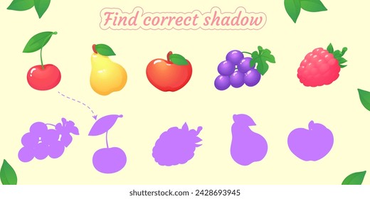 Finden Sie den richtigen Schatten von Früchten: Pfirsich, Apfel, Kirsche, Zitrone, Wassermelone, Traube, Himbeere