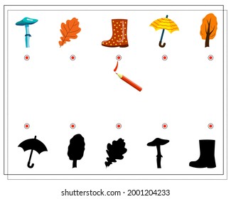 Find the right shade for a mushroom, a boot, a tree, an umbrella. A logical game for children. Vector isolated on a white background.
