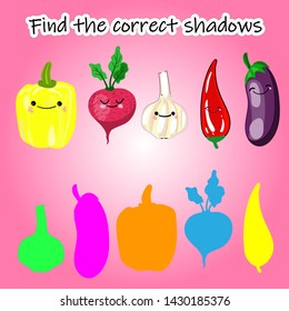 Find the right shade of vegetable. Educational game for children. Find the right shadow. Kids activity with cartoon vegetables.