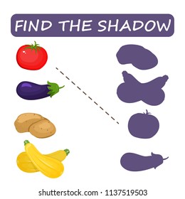 Find the right shade of vegetable. Tomato zucchini potatoes. Set to find the correct shadow matching educational game of the child to compare and connect objects and their true shadows, a simple level