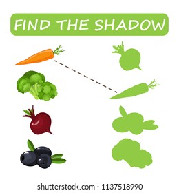 Find the right shade of vegetables. Carrots with olives and zucchini with borax. Set to find the correct shadow matching educational game of the child to compare and connect objects and their true