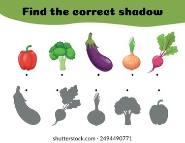 Find the right shade of vegetables and connect them. A simple logic exercise. Vector illustration