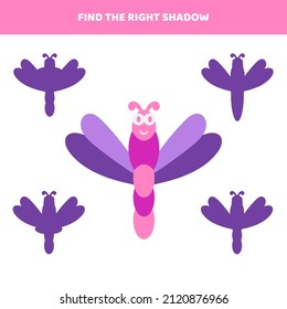 Encuentra la sombra adecuada para la libélula de dibujos animados. Juego educativo para los niños.