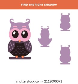 Find the right shadow for cartoon owl. Educational game for kids.