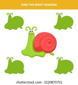 Find the right shadow for cartoon snail. Educational game for kids.