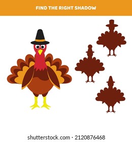 Encuentra la sombra adecuada para el pavo de la caricatura. Juego educativo para los niños.