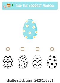 Find the right shadow. Colorful and black and white Easter eggs.Educational game with eggs. Logic games for children with an answer.A training card with a task for preschool and kindergarten children.