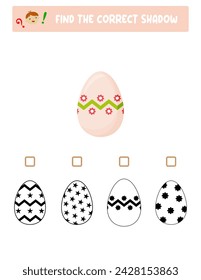 Find the right shadow. Colorful and black and white Easter eggs.Educational game with eggs. Logic games for children with an answer.A training card with a task for preschool and kindergarten children.