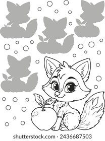 Find the right shadow. Coloring page outline of the cartoon smiling cute fox with an apple. Colorful vector illustration of educational game for preschool children, summer coloring book for kids.