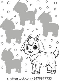 Find the right shadow. Coloring page outline of the cartoon smiling cute little goat. Colorful vector illustration of educational game for preschool children, summer coloring book for kids.