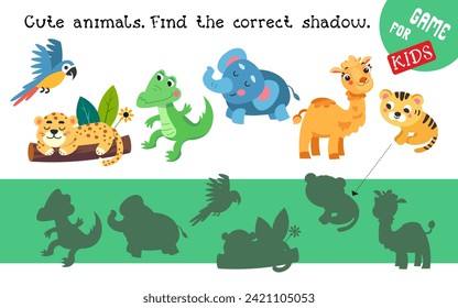 Find the right shadow and connect. Game for children. Activity, vector children illustration. Cute flat stylised cartoon animals.