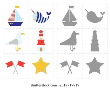 Find the right shadow and connect. Game for children.Vector children illustration.