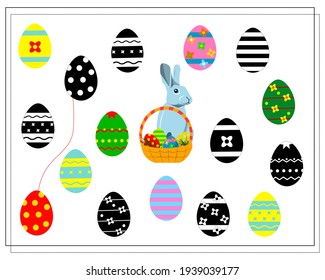 Find the right shadow, connect it with a line. Easter eggs. a puzzle game for kids. Easter bunny, basket. Isolated vector illustration.
