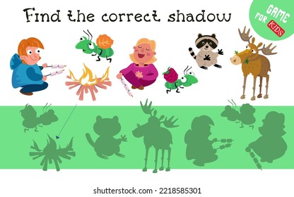 Find the right shadow. Cute animals, children with marshmallows by the fire in the woods. Educational puzzle game for preschoolers. Activity, vector illustration.