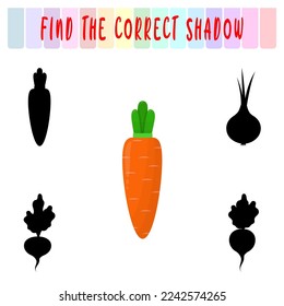 Find the right shadow. Cute carrot. Educational game with vegetables. Logic games for children with an answer. A training card with a task for preschool and kindergarten children.