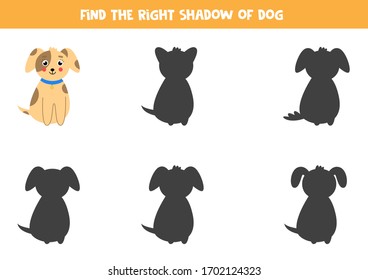 Find the right shadow of cute cartoon dog. Logical game for kids.