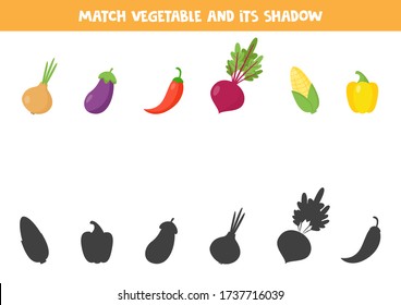 Find the right shadow of cute cartoon vegetables. Educational worksheet for kids. Printable game for children.