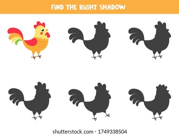 Finden Sie den richtigen Schatten von süßem Cartoon bunter Hahn. Lernlogisches Spiel für Kinder. Druckbares Arbeitsblatt.