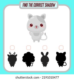 Find the right shadow. Cute cartoon cat. Educational game with animals. Logic games for children with an answer. A training card with a task for preschool and kindergarten children