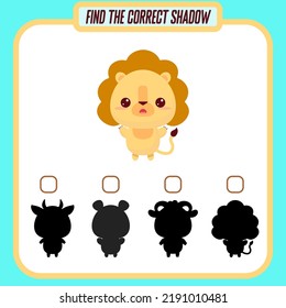 Encuentra la sombra correcta. León de dibujos animados. Juego educativo con animales. Juegos lógicos para niños con una respuesta. Una tarjeta de formación para niños de preescolar y de guardería