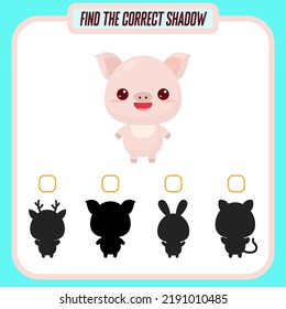 Find the right shadow. Cute cartoon pig. Educational game with animals. Logic games for children with an answer. A training card with a task for preschool and kindergarten children