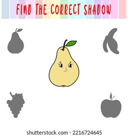 Find the right shadow. Cute cartoon pear. Educational game with fruits. Logic games for children with an answer. A training card with a task for preschool and kindergarten children