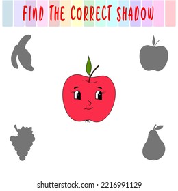 Find the right shadow. Cute cartoon apple. Educational game with fruits. Logic games for children with an answer. A training card with a task for preschool and kindergarten children.