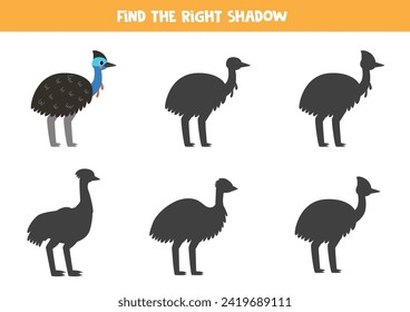Find the right shadow of cute cassowary. Educational logical game for kids. Printable worksheet for preschoolers.