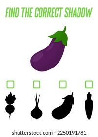 Find the right shadow. Cute eggplant. Educational game with vegetables. Logic games for children with an answer. A training card with a task for preschool and kindergarten children