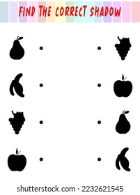 Encuentra la sombra correcta. Frutas dulces. Juego educativo con frutos. Juegos lógicos para niños con una respuesta. Una tarjeta de formación para niños de preescolar y de guardería
